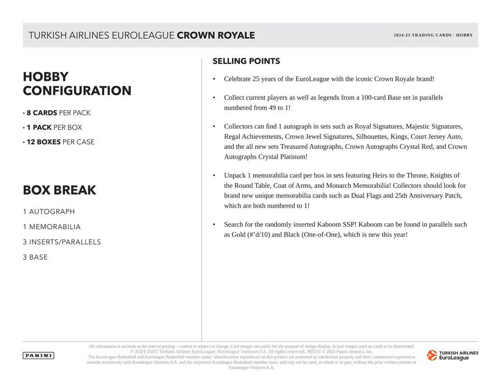 2024/25 Panini Turkish Airlines Euroleague Crown Royale Basketball Hobby Box