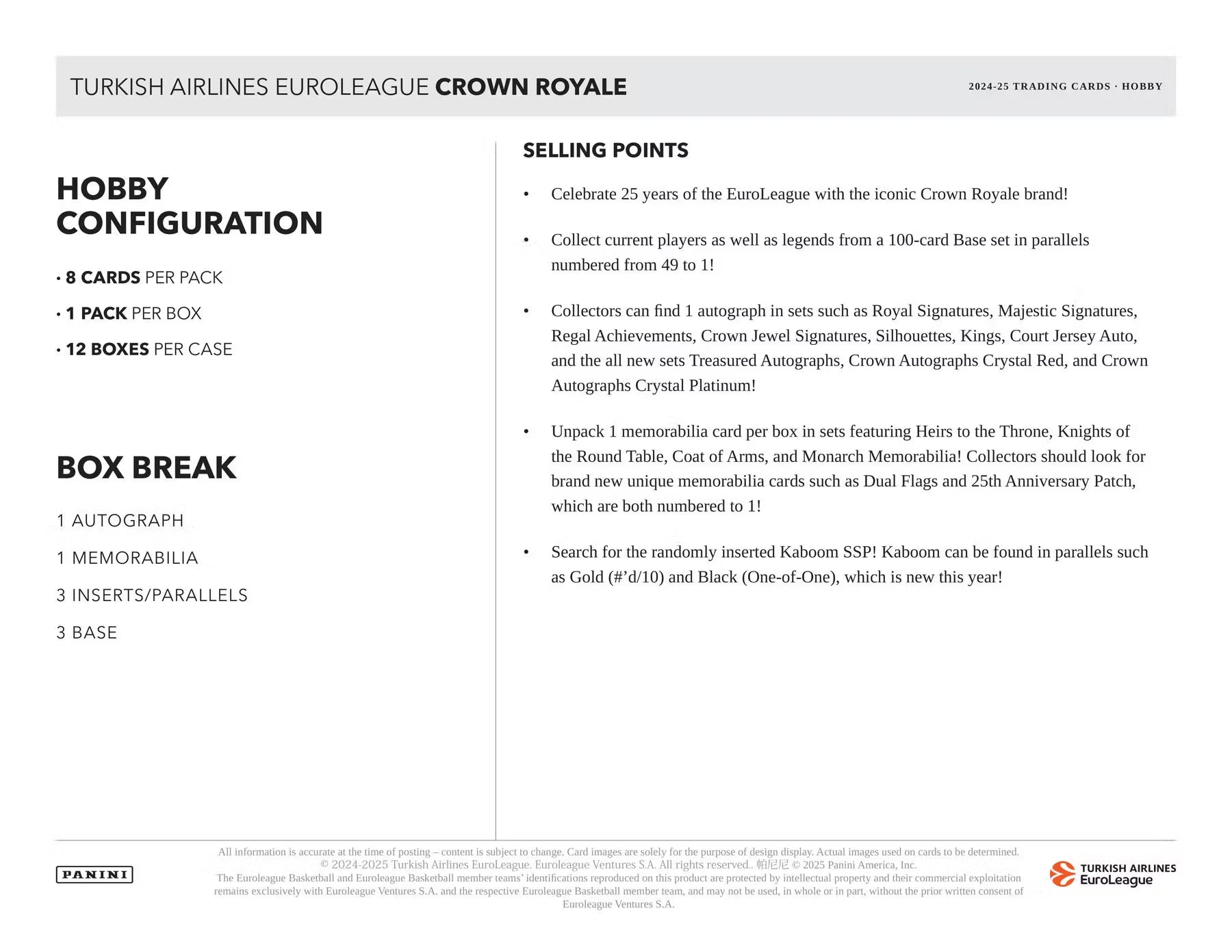 2024/25 Panini Turkish Airlines Euroleague Crown Royale Basketball Hobby Box