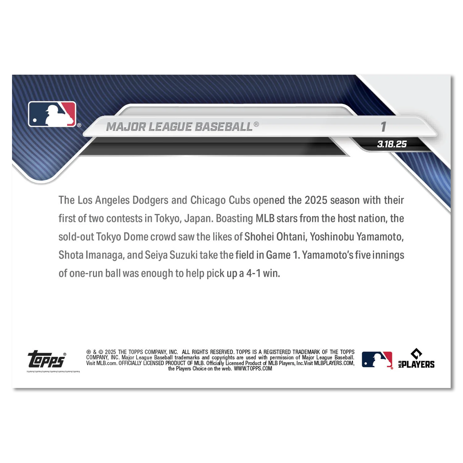 2025 MLB Topps NOW #1 Tokyo Series CHICAGO CUBS  LOS ANGELES DODGERS IN HAND1