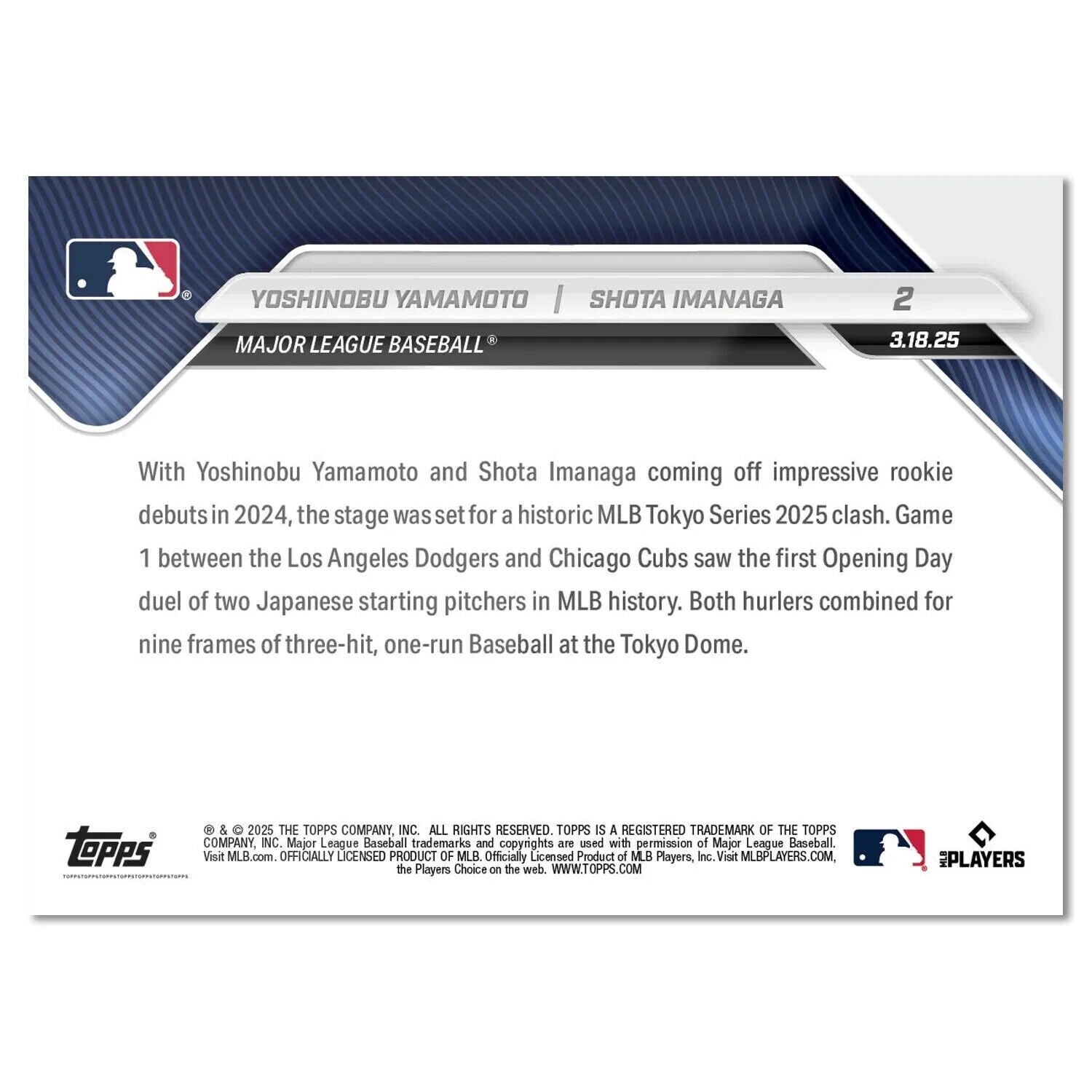 Yoshinobu Yamamoto Shota Imanaga 2025 MLB Topps NOW TOKYO Series Card #2 IN HAND1