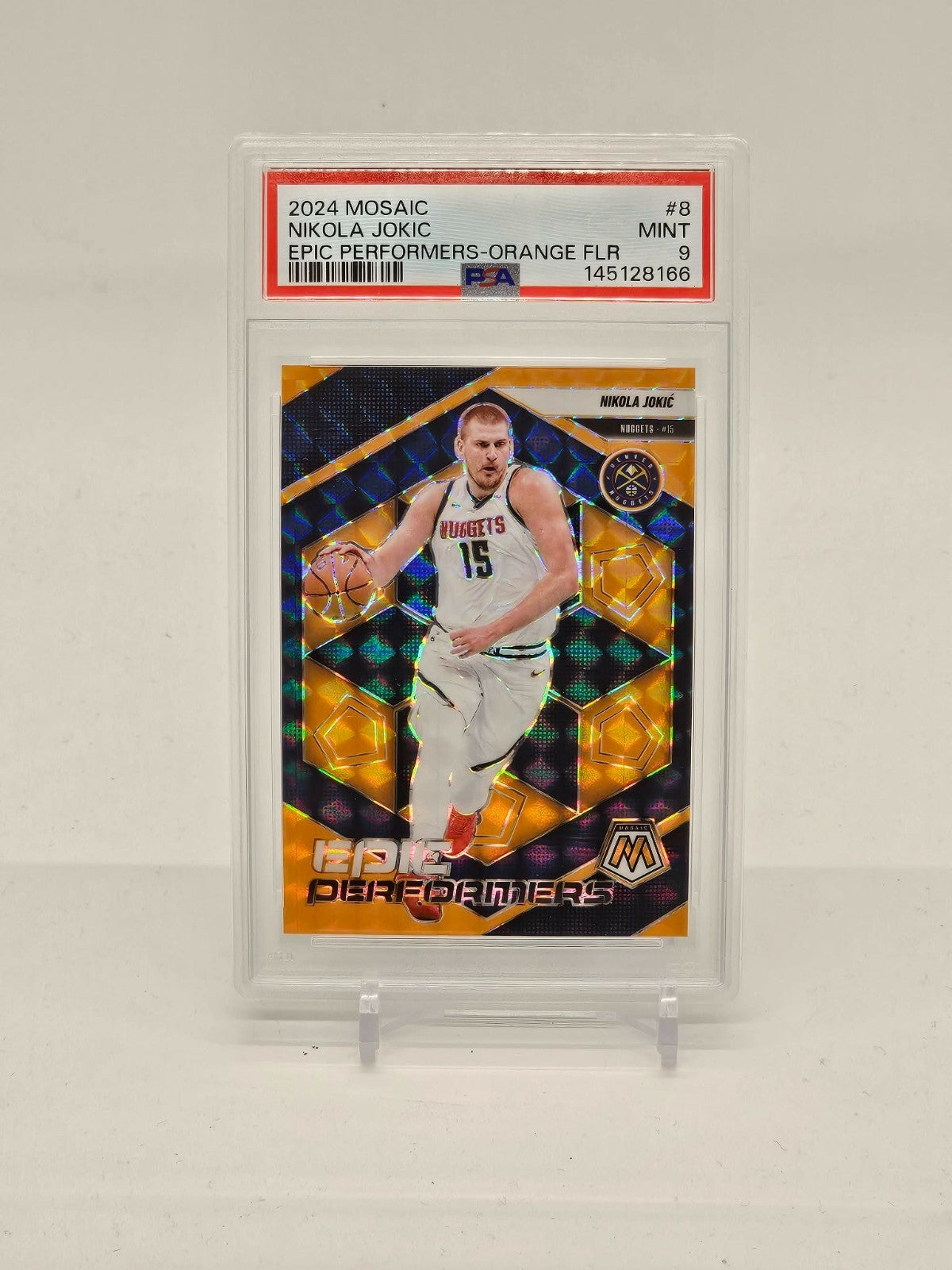 2024-25 Panini Mosaic Nikola Jokic Epic Performers Orange Fluorescent /25 PSA 90
