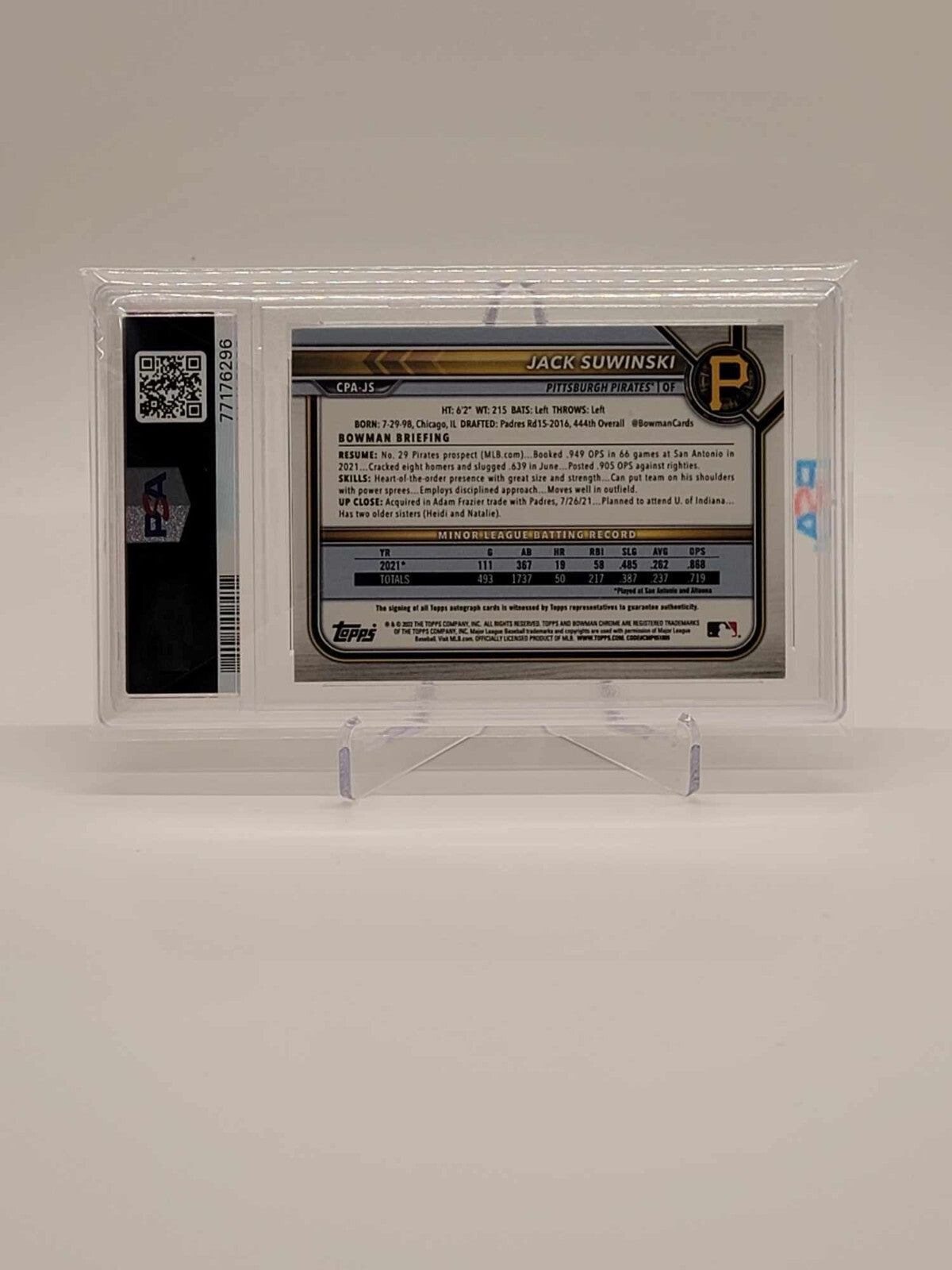 2022 Bowman Chrome 1st Jack Suwinski Speckle Auto  /299 PSA 9  MINT RC Rookie1
