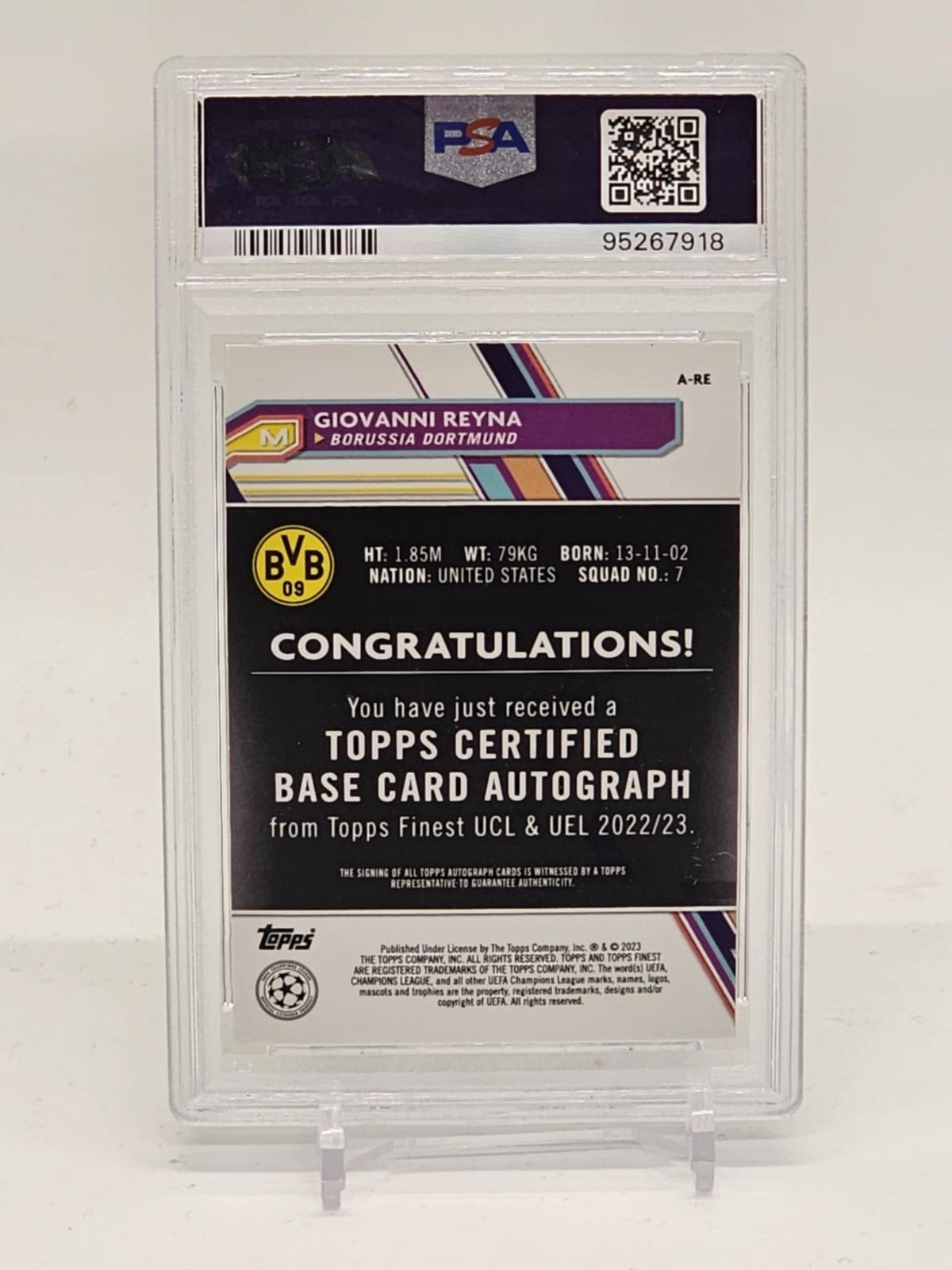 2022-23 Topps Finest UCC Giovanni Reyna Neon Green Refractor Auto #/99 PSA 91